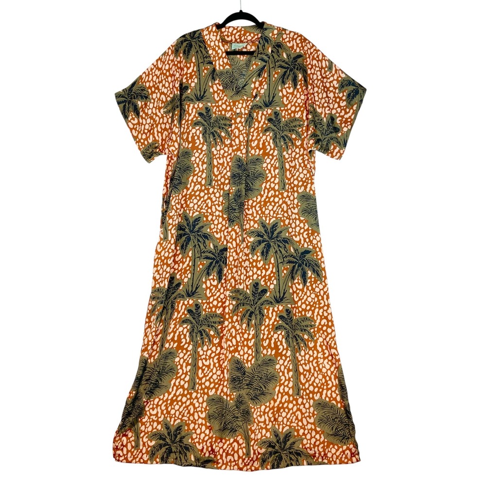 True Destinations Maxi Dress Moo Moo Kaftan M Orange Palm Tree Cheetah Print